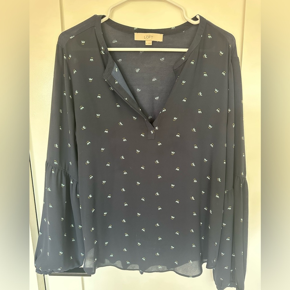 LOFT Dark Blue Blouse with Delicate Print